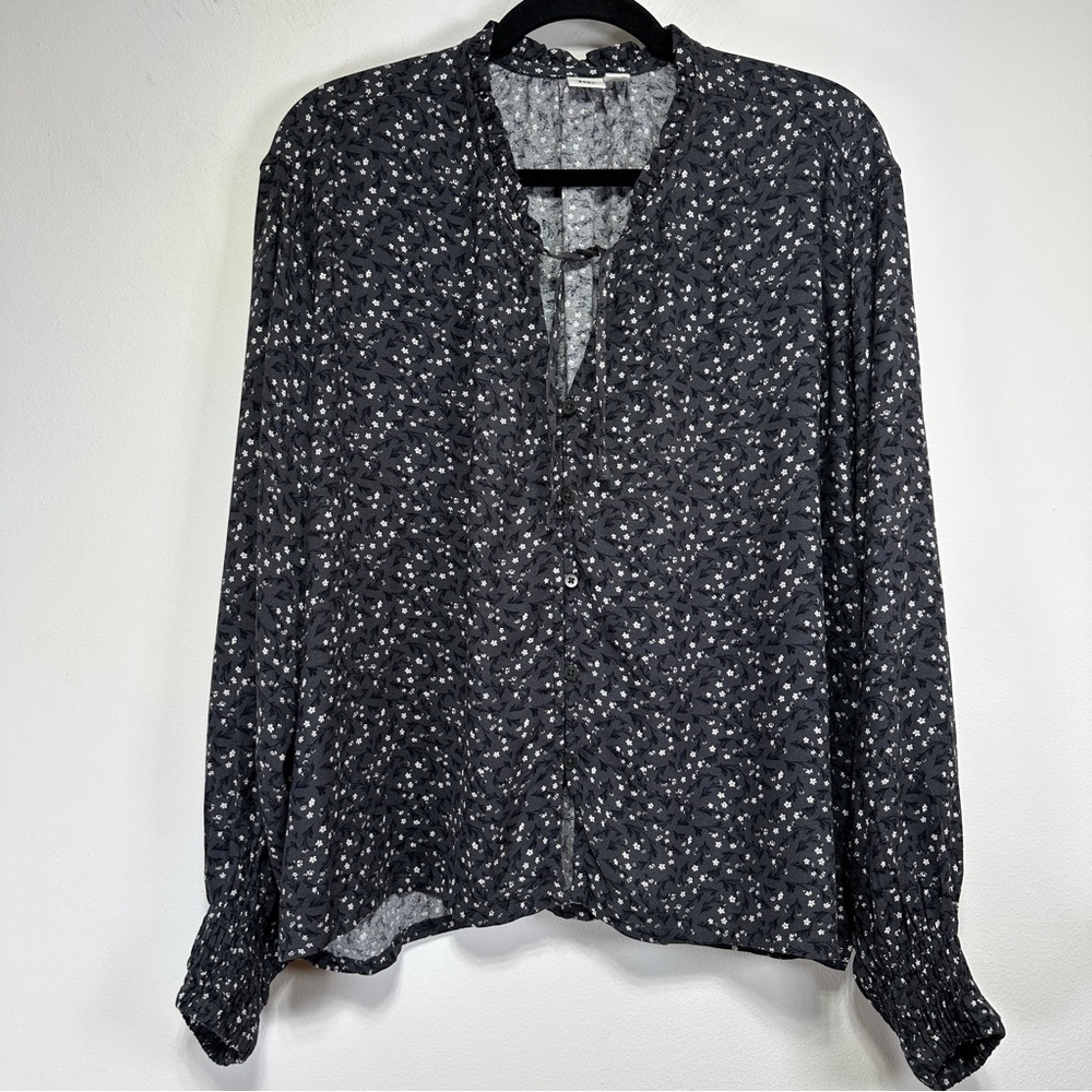 Tentree Ecovero Viscose Blouse Dark Floral Print Smocked Sleeve Boho Top Size S